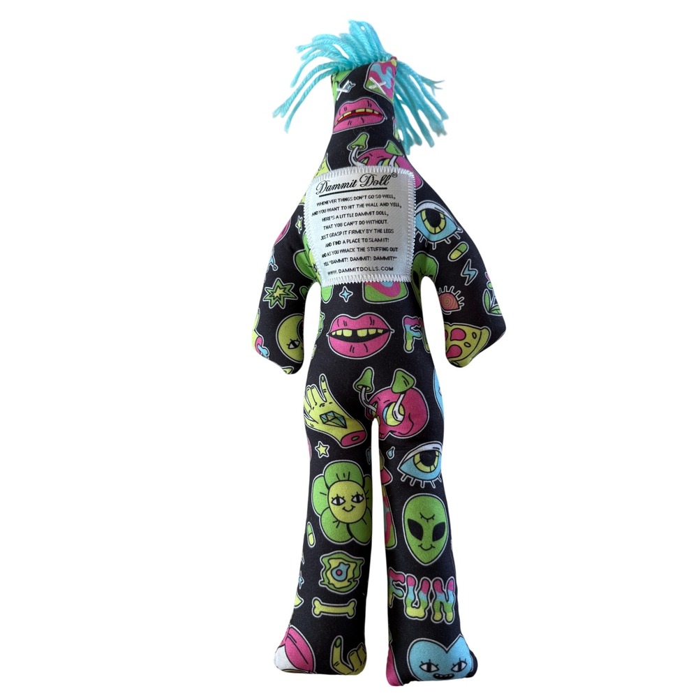 Dammit Doll Stress Relief Toy 12" Psychedelic Alien Mushroom Print Blue Hair